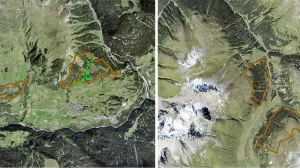 charta geografica da surengiu (satellit) cun zonas en ils guauds d'Ardez, Bos-cha sco er la Val S-charl èn martgadas.