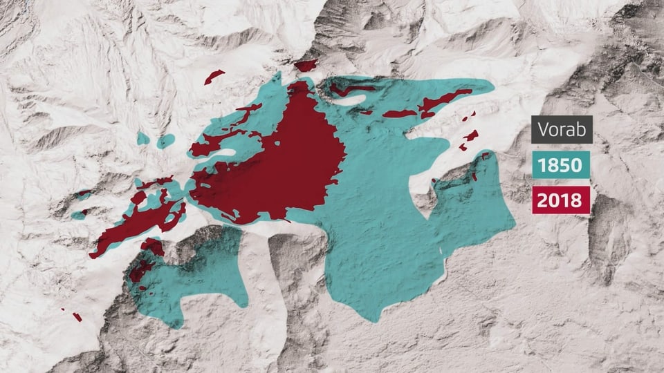 Grafica dal glatscher da 1850 fin 2018 cun diminuiziun marcanta.