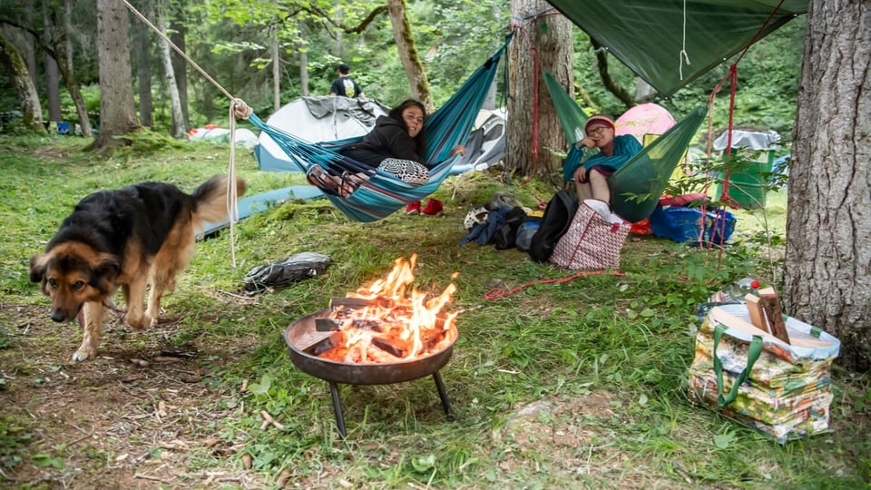 Open Air Safiental. Maria und Thomas mit Hündin Shayana geniessen die Musik aus der Hängematte heraus. Für sie sei es die Natur, die Leute, die Kinder, der Wald und die gute Musik welche sie Jahr für Jahr, mit ein paar Pausen, in den Studahüschiwald lockt.