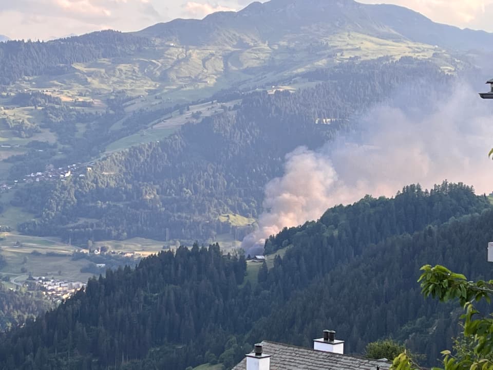 Rauch steigt aus dem Wald bei Brand eines Stalles in Ruschein