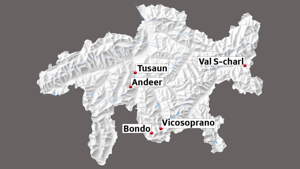 Crudada da crappa pervi da plievgia: La carta mussa Tusaun, Andeer, Bondo, Vicosoprano e S-charl.