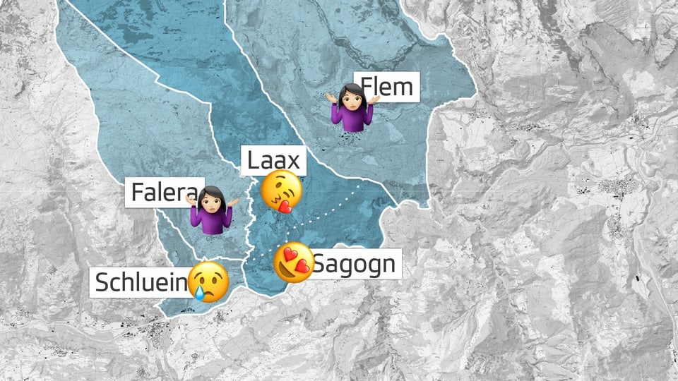 Visualisaziun dals territoris da las vischnancas. Cun emojis èsi mussà tgi ch'è happy, tgi trist e tgi che na sa betg propi tge co cum. 