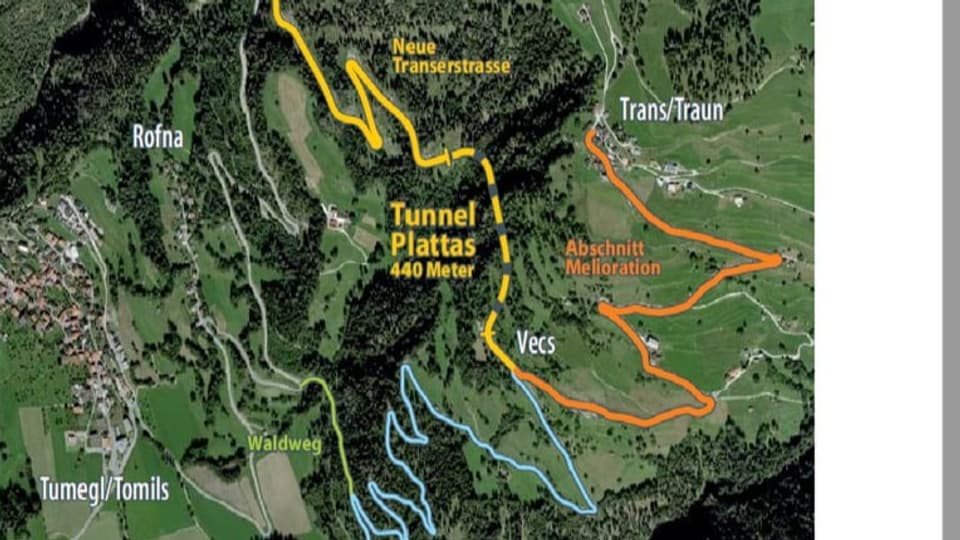 Maletg da satelit cun indicaziun da las vias novas e veglias a Trans