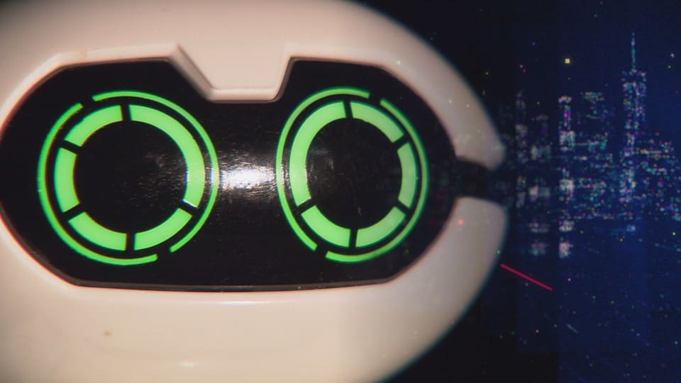 Il chau d'in roboter da termagls cun egls verds.