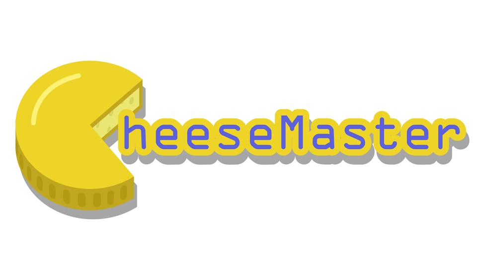 Logo dal gieu Cheesemaster: ina magnucca cun taglia ora in quart. Quai vesa ora sco c ed ina bucca che maglia las lettras "heeseMaster"