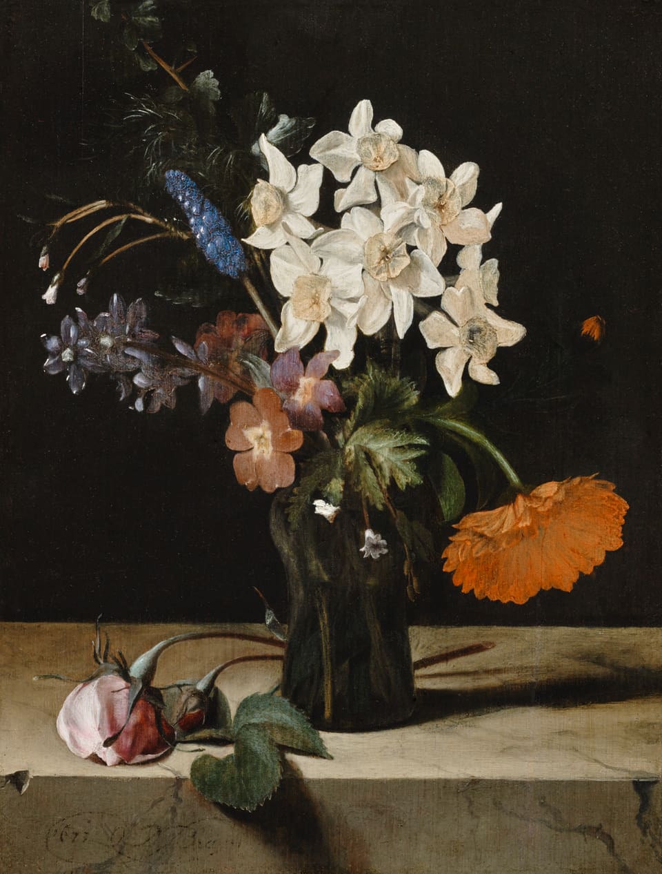 Narzissen und andere Blumen in Glasvase auf einer Marmorplatte, 1673