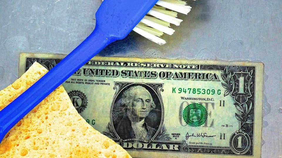 Ina bancnota dad in dollar, in barschun blau ed ina spungia melna.