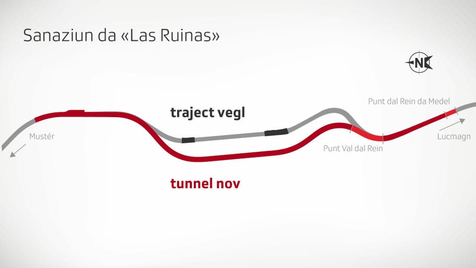 Purtret dal traject vegl ed il traject nov dal tunnel. 