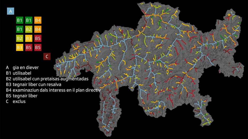 «Richtplan Energie» des Kantons Graubünden, welches zeigt, welche Gewässer für eine Wasserkraftanlage geeignet wären.
