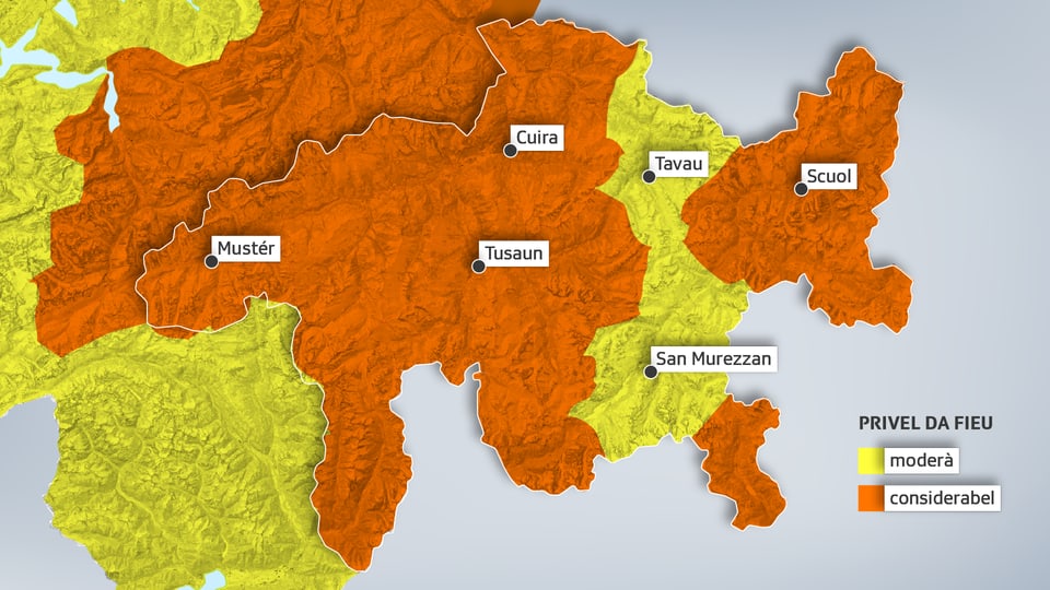 Carta actuala davart il privel d'incendis da guaud en il Grischun.
