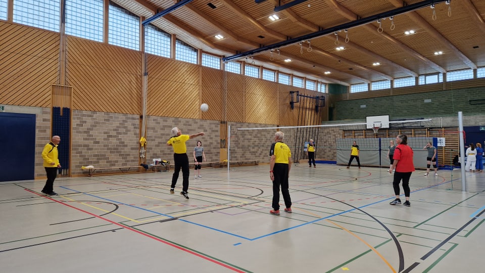 Umens en t-shirts mellans e chautschas nairas en ina halla da gimnastica davant ina rait da volleyball.