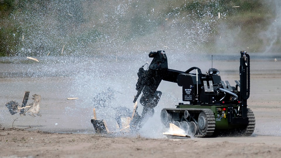 Neutralisar bumbas cun minimal privel per umans In roboter da dismetter bumbas (archiv, test da la Bundeswehr en Germania, 2012).