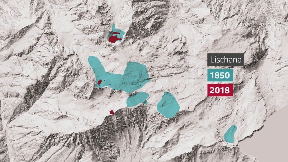 Grafica dal glatscher da 1850 fin 2018 cun diminuiziun marcanta.