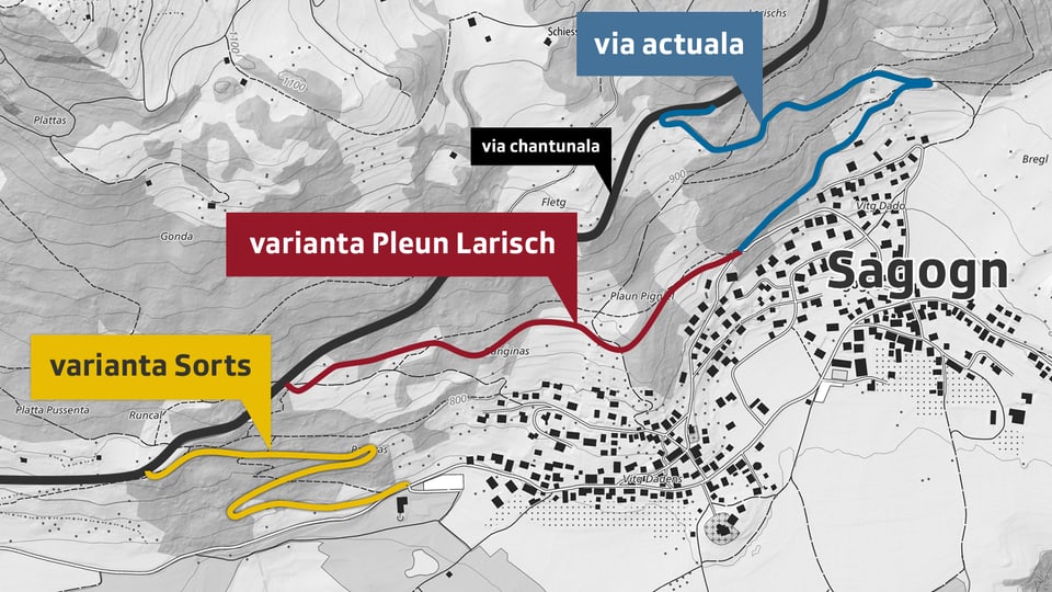 Il plan cun las variantas da vias per igl access a Sagogn
