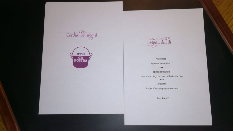 La carta dal menu rumantsch en il Grotto.