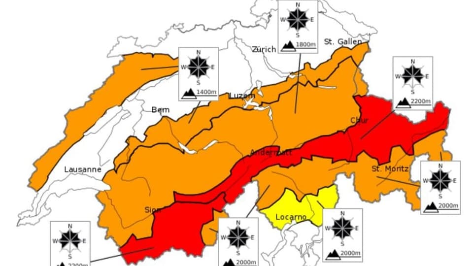 la charta actuala cun il privel da lavinas, cunzunt en il nord dal Grischun è il privel da lavinas grond – stgalim 4