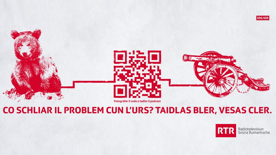 Placat cun si in urs, in QR-code, in chanun e scrit sutvart «Co schliar il problem cun l'urs? Taidlas bler, vesas cler.» per lantschar il nov program da radio.
