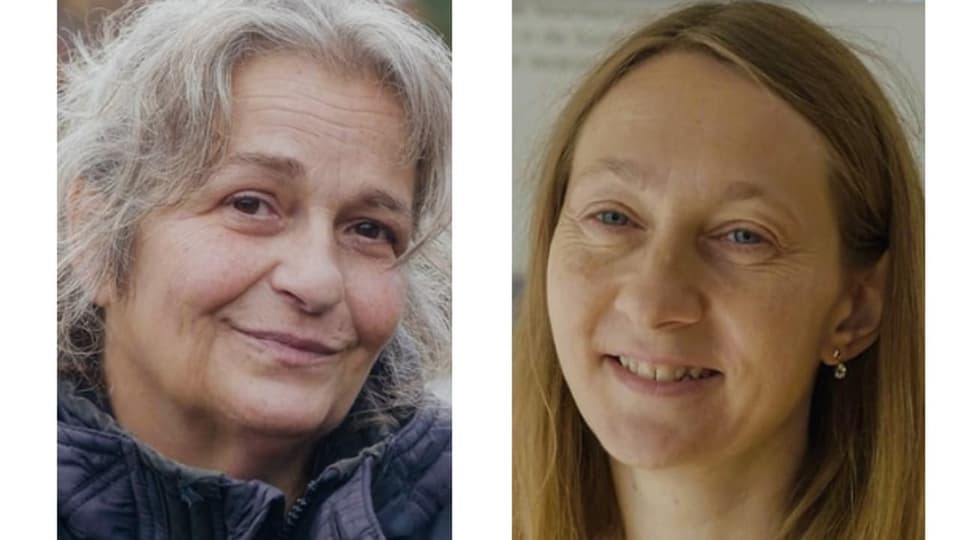 Renate Greber e Dania Graf Sanester ina dunna cun chavels mez lungs grischs. Dretg ina dunna pli giuvna cun chavels brins. Omaduas rian in zic.