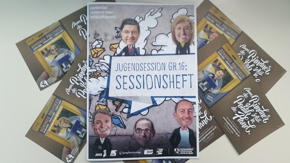 Politichers e politicras sco figuras da action - il sujet per il flyer che duai carmalar giuventetgna a la sessiun dals giuvenils grischuna. 