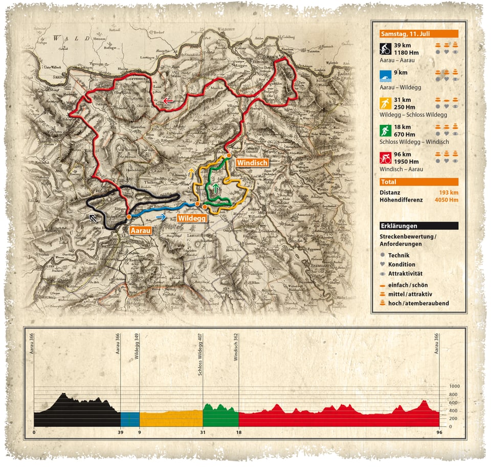 Discovery Saturday, 11-07-2015 – 193 km – 4’050 meters d’autezza carta cun rutas dal gigatlon en il chantun Argovia