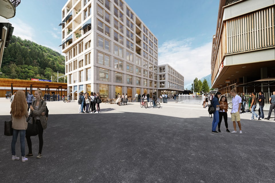 Visualisierung des neuen Bahnhofareals von Ilanz.