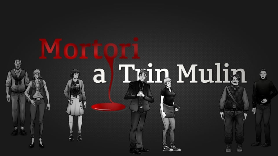 Mortori a Trin Mulin Logo cun figuras malegiadas. Mortori è scrit cotschen cun saung ghe dagira ord il O.