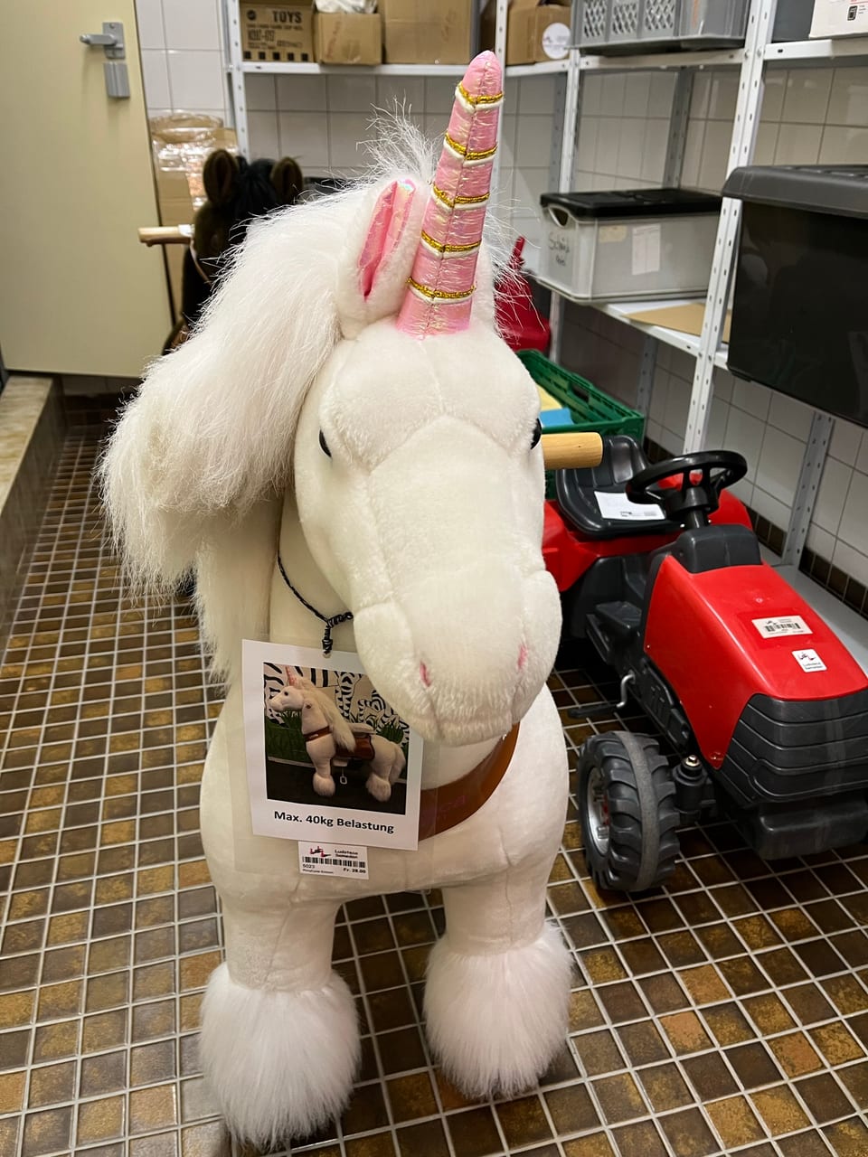 Ein Plüsch-Einhorn gehört ebenfalls zum Sortiment der Ludoteca Samedan.