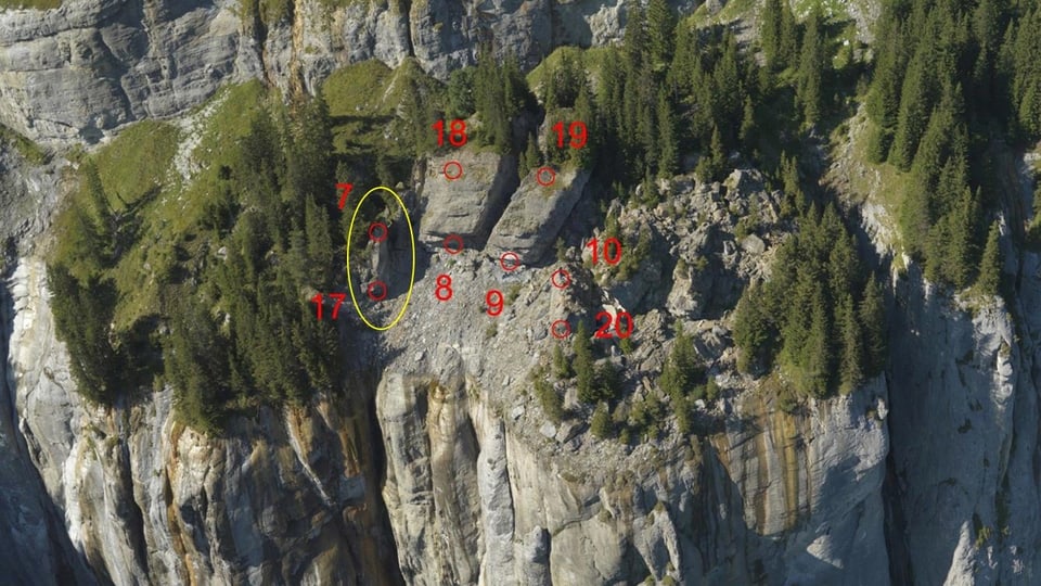 Il crappun da 500 m3 che ristga da crudar. Las cifras marcan ils puncts da mesiraziun da tut ils 4 crappuns.